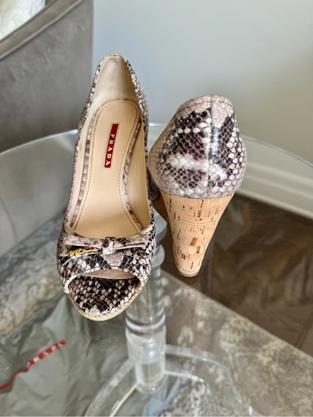 Prada Snake-Print Peep-Toe Wedges in Beige and Brown